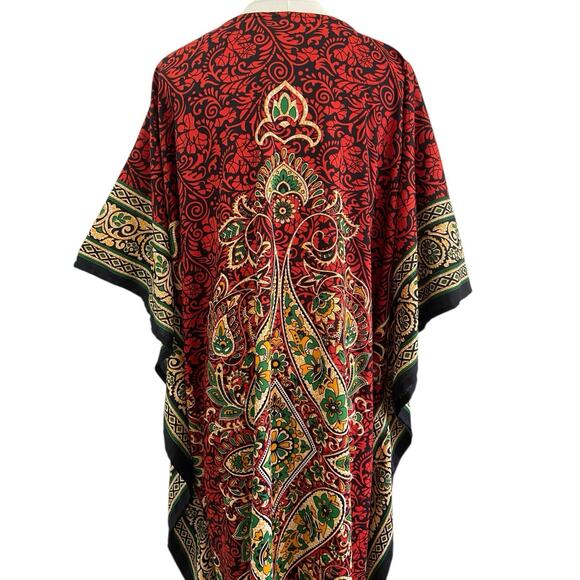 Maroon, Green Gold Tribal Print Silky Lounge Kaftan Hostess Gown size One Size - Picture 5 of 6